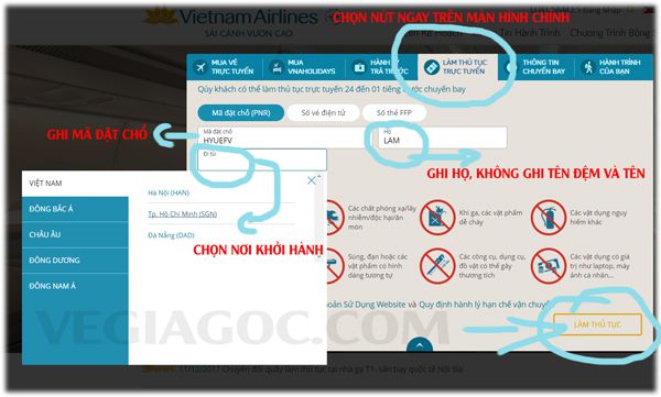 Trang web checkin online của Vietnam Airlines