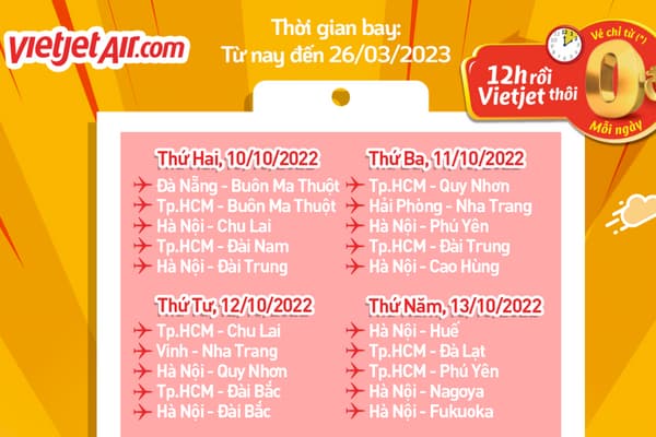 12h rồi săn vé máy bay giá rẻ Vietjet 0Đ thôi