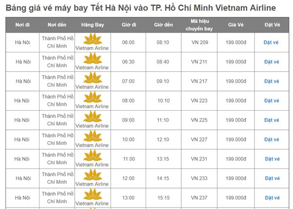 Bảng giá vé máy bay Tết đi Hà Nội