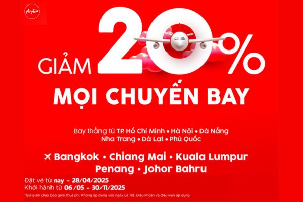 Air Asia mở bán ưu đãi hè 2025 giảm 20% toàn bộ đường bay
