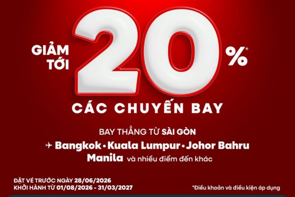 AirAsia Triển Khai Khuyến M&atilde;i Giảm 20% Cho C&aacute;c Chuyến Bay Quốc Tế