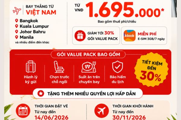 AirAsia Tung Deal H&egrave;: V&eacute; M&aacute;y Bay Quốc Tế Chỉ Từ 1.695.000 VNĐ/Chiều