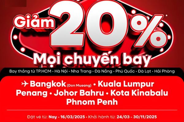 AirAsia ưu đãi 20% cho tất cả chuyến bay