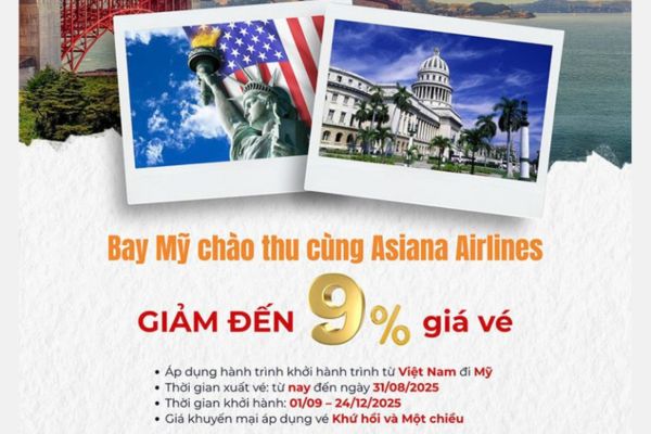 Asiana Airlines tung khuyến mãi vé Mỹ giảm đến 9%