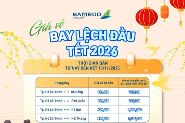Bay lệch đầu Tết 2026 cùng Bamboo Airways – săn vé chỉ từ 767.000đ/chiều