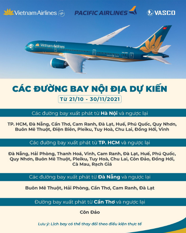 Cập nhật các chuyến bay nội địa của Vietnam Airlines khai thác giai đoạn 21/10-31/10