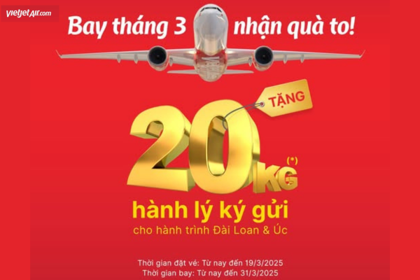 Đặt vé Vietjet, nhận ngay 20kg hành lý miễn phí đến Đài Loan & Úc