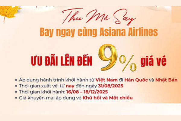 Đón thu Hàn Nhật rực rỡ cùng Asiana Airlines giảm giá vé đến 9%