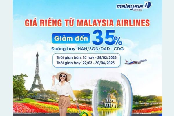 Giảm ngay 35% giá vé bay Pháp cùng Malaysia Airlines