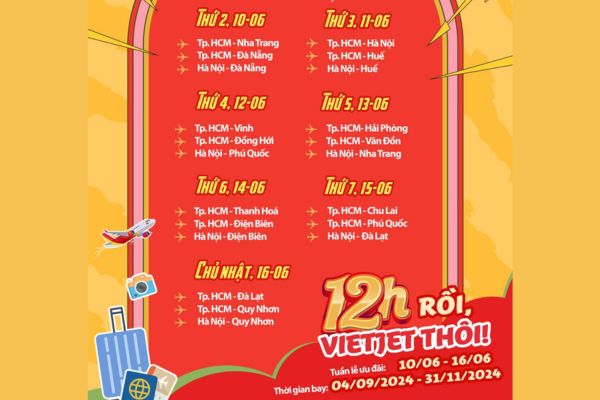 Giờ vàng VietJet Vé bay 0 đồng từ 12h đến 14h mỗi ngày!