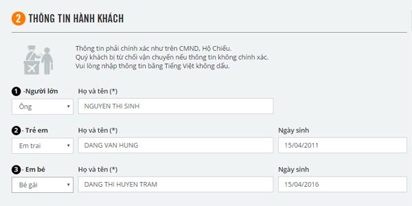 Nhập thông tin hành khách theo yêu cầu