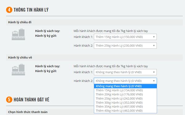 Nhập thông tin hành lý kí gửi nếu có
