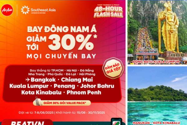 Săn vé AirAsia giảm 30% – Thỏa sức vi vu nước ngoài