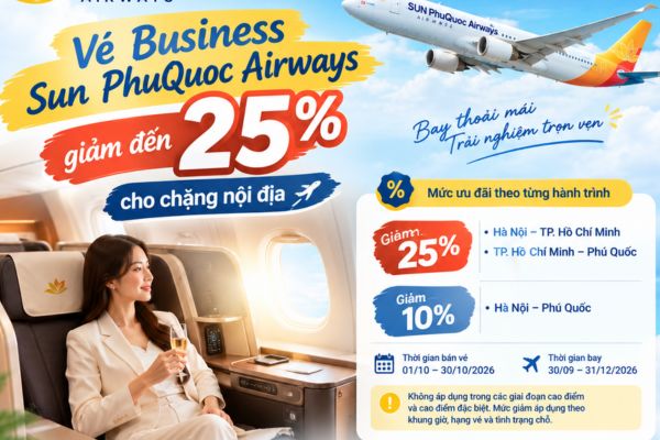 Sun PhuQuoc Airways giảm đến 25% vé Business A330 trên các chặng nội địa