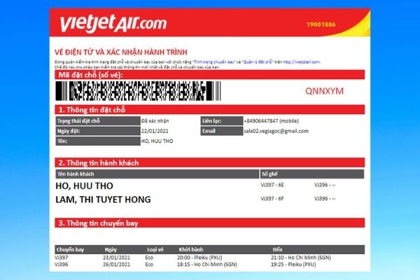 Vé điện tử của hãng Vietjet Air