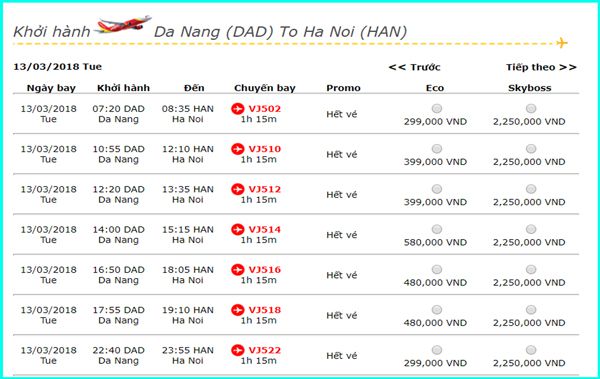 Bảng giá vé máy bay Vietjet đi Hà Nội từ Đà Nẵng