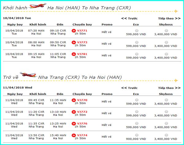 Bảng giá vé máy bay Vietjet đi Hà Nội từ Nha Trang