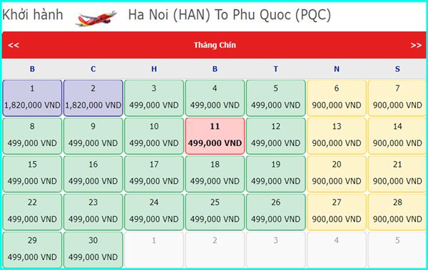 Bảng giá vé má bay Vietjet đi Hà Nội từ Phú Quốc