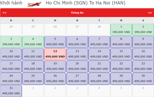 Bảng giá vé máy bay Vietjet đi Hà Nội từ TPHCM
