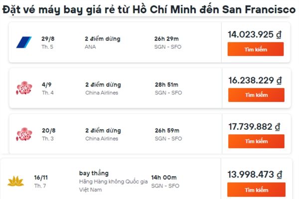 Cập Nhật Giá Vé Máy Bay Từ TP. Hồ Chí Minh Đi San Francisco Mới Nhất