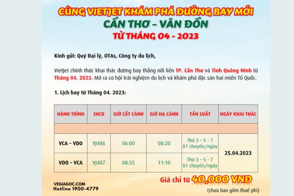 Vietjet Air khai thác đường bay Cần Thơ đi Vân Đồn ưu đãi từ 40.000 VNĐ