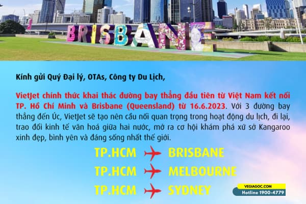 Vietjet khai thác đường bay thẳng từ Hồ Chí Minh đến Brisbane từ 900.000 VNĐ