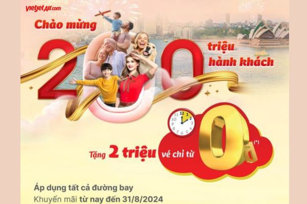 Vietjet Air Mừng 200 Triệu Hành Khách Tặng Ngay 2 Triệu Vé 0Đ!