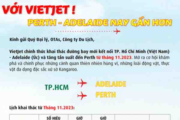 Vietjet mở đường bay mới đến Adelaide Úc từ Tháng 11.2023
