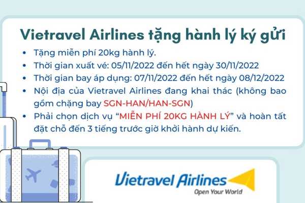 Vietravel Airlines Tặng miễn phí 20kg hành lý